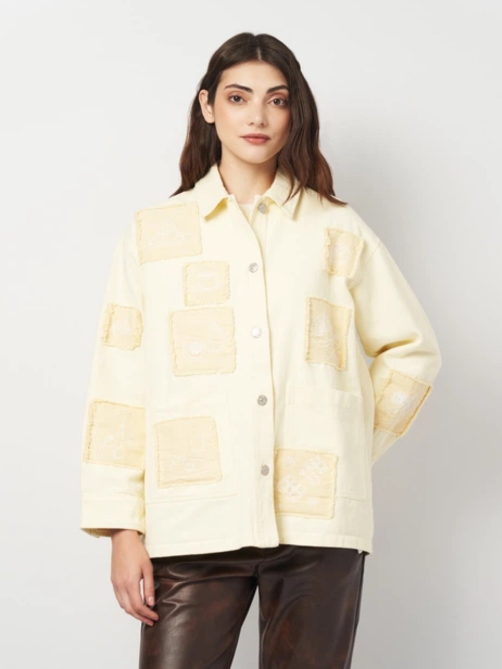 Zara Pale Yellow Patchwork Button Chore Jacket